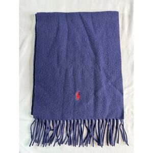 Polo Ralph Lauren Scarf Navy 100% Lambswool Fringe Italy Red Pony Logo Unisex